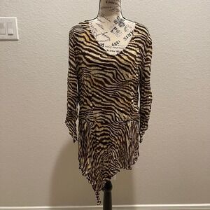 Y2k Cato Brown Tan Zebra Long Sleeve Asymmetrical Tunic Top 14/16 edgy bold chic